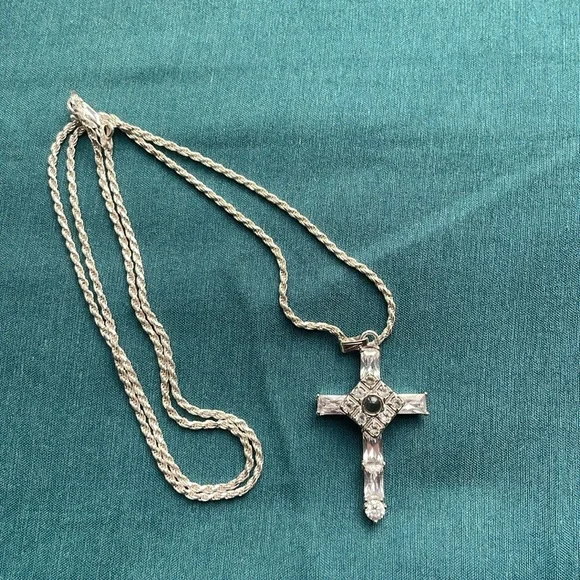 Italian 925 sterling silver cross necklace w/ stones & see-through center
